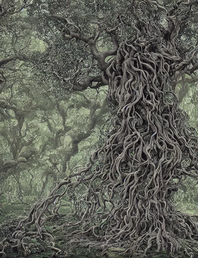 Image similar to an ancient tree with gnarled roots on a hill, there are rivulets of water running down and a maze on the ground by james jean and pascal blanche