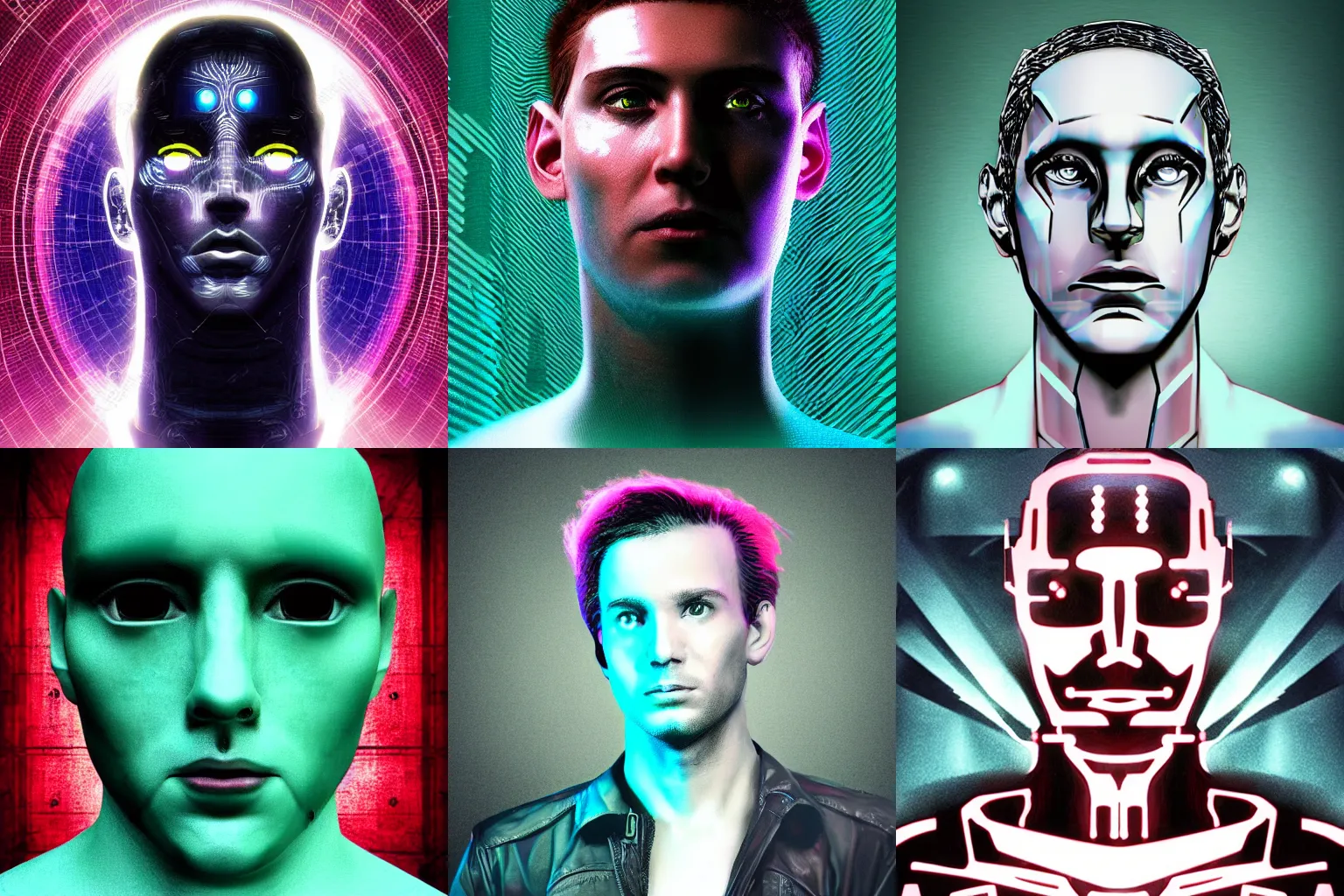 Prompt: portrait of AI. sci fi. Vaporwave. Male face. Sentient digital human. Thriller.