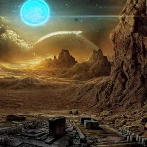 Image similar to an alien planet covered in ancient technology. atmospheric