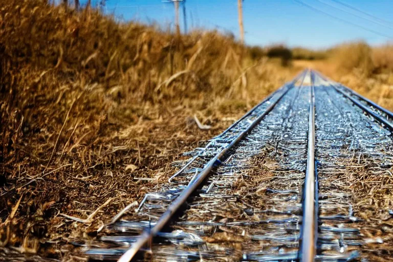 Image similar to shiny metal rails in blue sky, award winning cinematic still