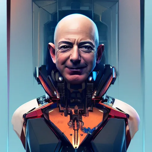 Prompt: front view, vicious, crazy laughing portrait of Jeff Bezos as a cyberpunk 2077 loading screen, symmetry, ominous, intricate, studio, art by anthony macbain + greg rutkowski + alphonse mucha, concept art, 4k, sharp focus