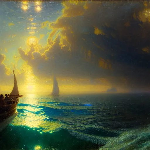 Image similar to point of view of deep in the ocean looking up, you see fishes, higher the milk way, night time, midnight. highly detailed painting by gaston bussiere, greg rutkowski 8 k