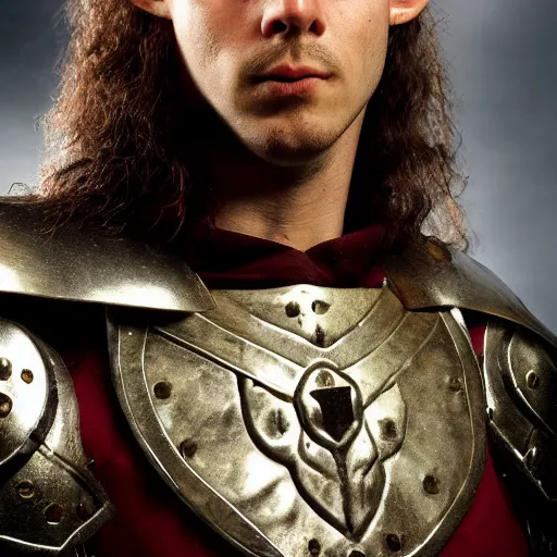 Prompt: a head and shoulders action portrait photo of an elf paladin, photo by frank miller