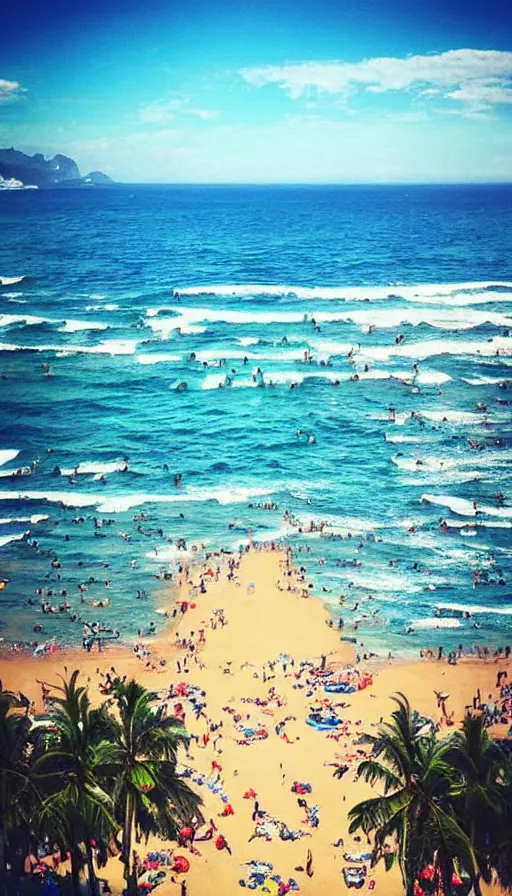 Prompt: instagram photo of a sunny day on copacabana beach looking at the ocean, hyper detailed, realistic