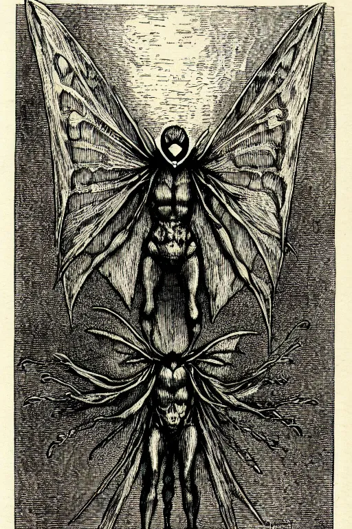 Prompt: mothman, as a demon from the dictionarre infernal, pen - and - ink illustration, etching by louis le breton, 1 8 6 9, 1 2 0 0 dpi scan, ultrasharp detail, hq scan, intricate details, stylized border