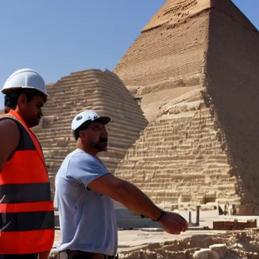 Image similar to a rare candid photograph of an egyptian engineer and a construction worker talking at the early construction of the khufu pyramid, dslr high resolution