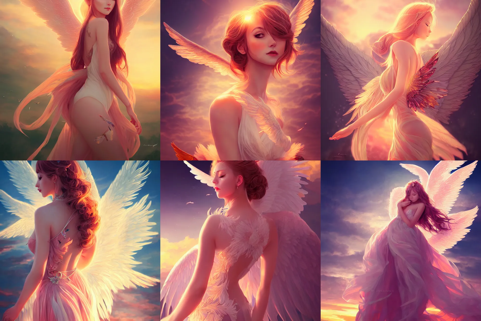 Prompt: Portrait of a beautiful elegant woman colors, angelic wings on her back, sunset warm spring, centered full-body shot, fantasy, anime, vibrant, intricate details, trending on ArtStation, Deviantart, by WLOP