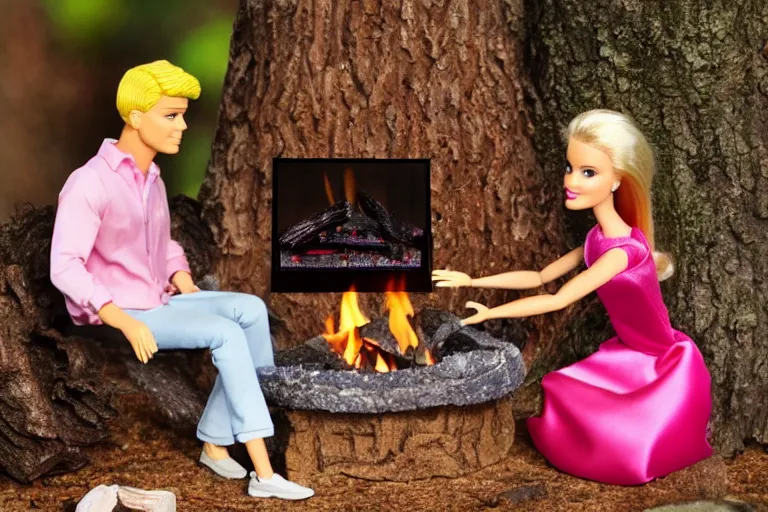 Image similar to Barbie and Ken sitting in the forest near the fireplace, Ken's face is melting, night, high-resolution photo,