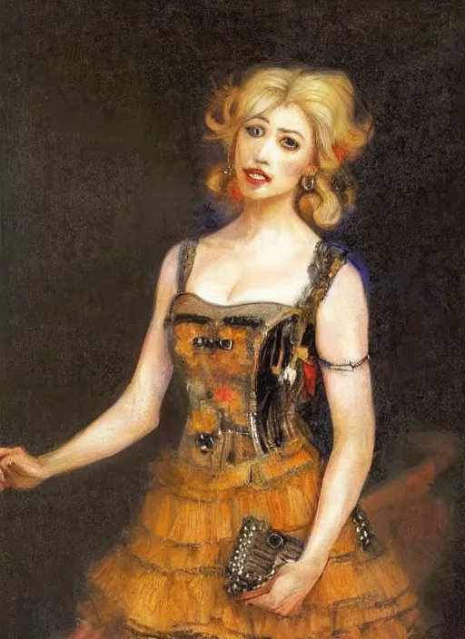 Prompt: misa amane, blonde hair, dress, boots. by rembrandt, ( ( konstantin razumov ) )