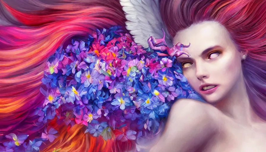 Image similar to a colorful and provenance portrait painting of a angel with her hugeflowers wings spread out gracefully, highly saturated colors, highly detailed, hair made of hair made of air wind and curling smoke, mist, dust, genie, flowers, flower, stars, spirit fantasy concept art, art by charlie bowater and aenami, trending on artstation.