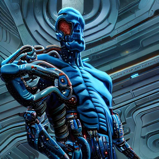 Prompt: Cinematic Imax depiction of an advanced, top of the line cyborg in the style of Wayne Barlowe, blue color palette with brightened hues 3840 x 2160