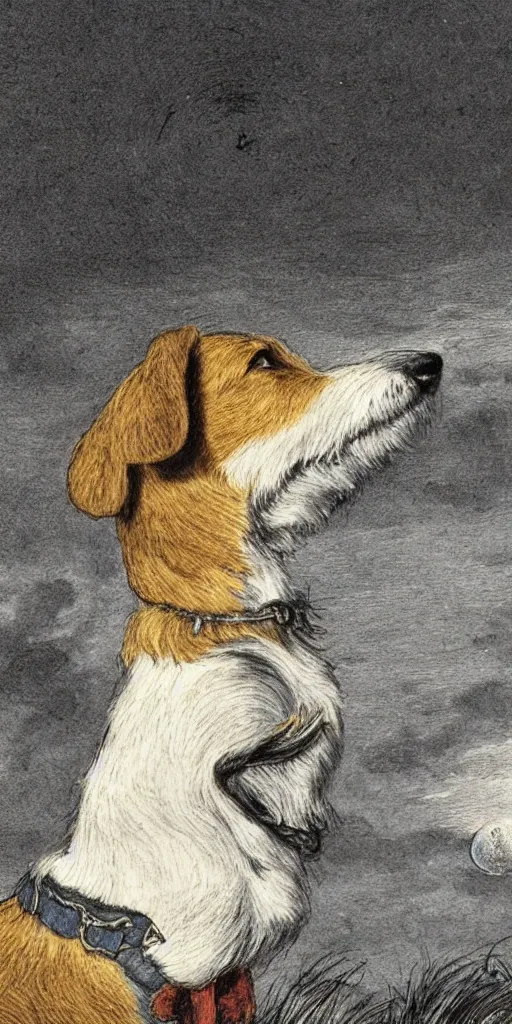 Image similar to jack russel dog looking up and howling with mouth open sad, night sky, highly detailed, side view, illustrated by peggy fortnum and beatrix potter and sir john tenniel