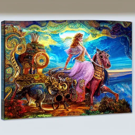 Image similar to a goddess riding a ram while checking her cell phone, erupting volcano and sunrise in distance in background, painting by josephine wall, senior concept artist, acrylic on canvas, intricately detailed, high resolution trending on artstation