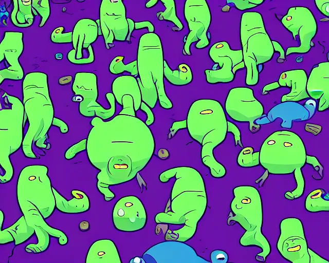 Image similar to A swarm of alien hippos, adventure time