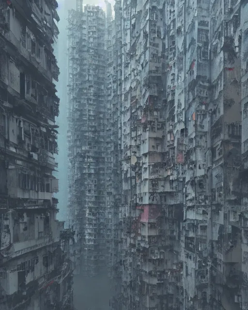 Image similar to poor buildings, hong kong buildings, kowloon, slums, night, cyberpunk, fog, rain, dramatic lighting, depressing, dystopia, trending on Artstation, 8k, highly realistic, hyper detailed, unreal engine 5, IMAX quality, realistic, cinematic, epic lighting, realistic, Matte Painting, masterpiece,