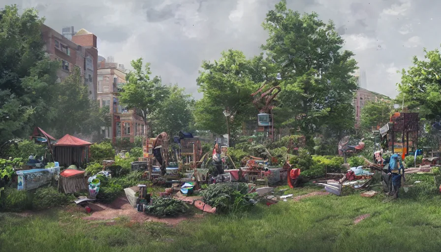 Prompt: survivors working in a craft garden built in washington dc's square, cloudy day, hyperdetailed, artstation, cgsociety, 8 k