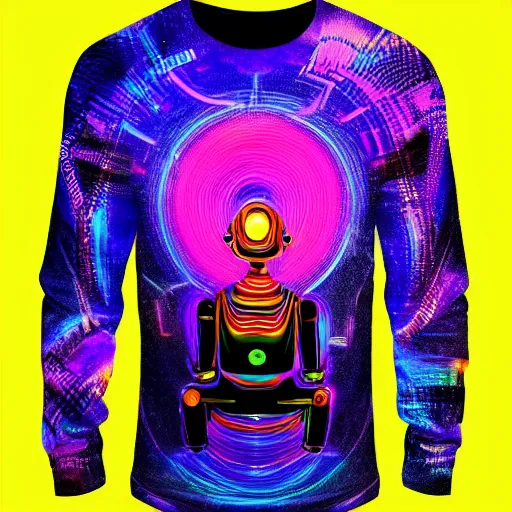 Image similar to photo of a black tshirt with a hyperdetailed portrait of a futuristic psychedelic meditating robot, 8 k, symetrical, flourescent colors, halluzinogenic, multicolored tshirt art,