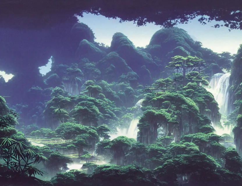 Image similar to a cinematic widescreen photo of ancient japanese cloud temples on a mountain in a misty bamboo cloud forest with colossal waterfalls at dawn by studio ghibli by roger dean by syd mead