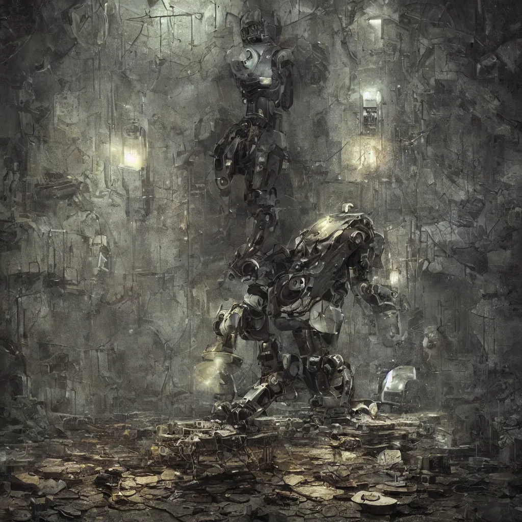 Image similar to the remnants of a broken robot in an underground laboratory, foliage, dark somber melancholic matte painting, highly detailed oil painting, liminal space, 8k, stillness, solitude, sorrowful and awe-inspiring atmosphere, shallow depth of field, masterpiece