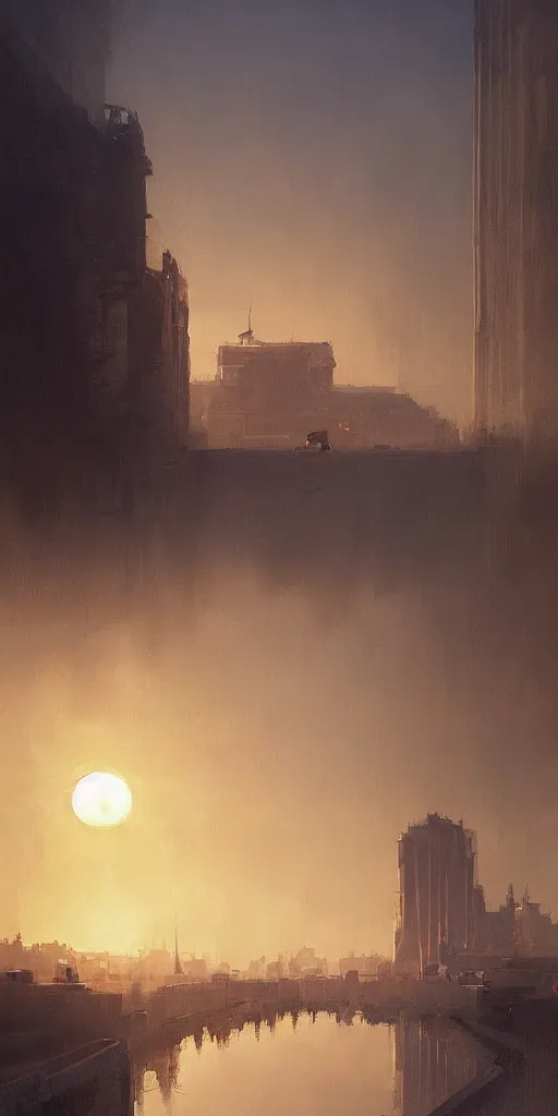 Prompt: greg rutkowski, lonely morning sunrise over an artdeco palace