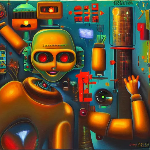 Prompt: robots dream of silicon heaven, surreal, oil painting, burnt edges