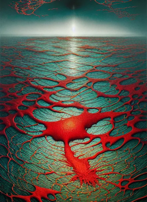 Image similar to hyper detailed 3d render like a Oil painting - blood in the water by Jacek Yerka, Mariusz Lewandowski, Houdini algorithmic generative render, Abstract brush strokes, Masterpiece, Edward Hopper and James Gilleard, Zdzislaw Beksinski, Mark Ryden, Wolfgang Lettl, hints of Yayoi Kasuma, octane render, 8k