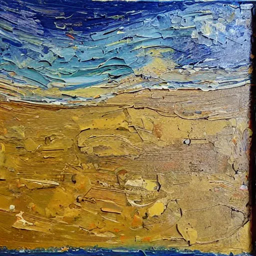 Image similar to oil paint impasto relief, beautiful italian beach scene, multi layered thick brush marks, some splattered paint, in the style of monet and frank auerbach and van gogh