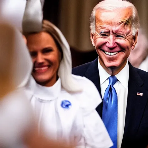 Image similar to joe biden smiling while wearing a maid costume