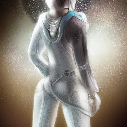 Image similar to beautiful white haired woman dressed in see through space suit in the style of zezhou chen highly detailed, smooth, sharp focus