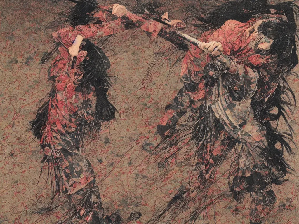 Image similar to Japanese schoolgirl runs away from Samurai with a katana on the subway, high detailed Beksinski painting, part by Adrian Ghenie and Gerhard Richter. art by Takato Yamamoto. masterpiece