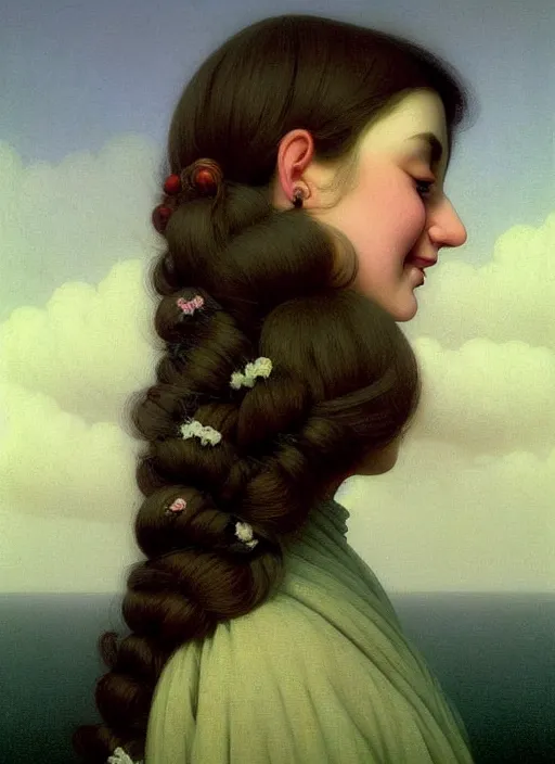 Image similar to hyper detailed 3 d render like a oil painting - cute portrait of a brunette named emma, italian looking, looking at camera, symmetrical face, long brunette hair, nose ring, a smiling cow looking over her shoulder by ryden, kawase hasui, dorothea tanning, edward hopper and james gilleard, aivazovsky, beksinski, outram, artstation