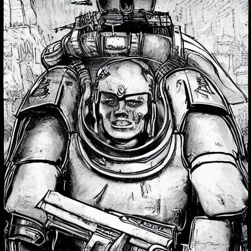 Image similar to a beautifully detailed warhammer 4 0 k portrait of angela merkel as inquisitor. pen and ink by moebius.