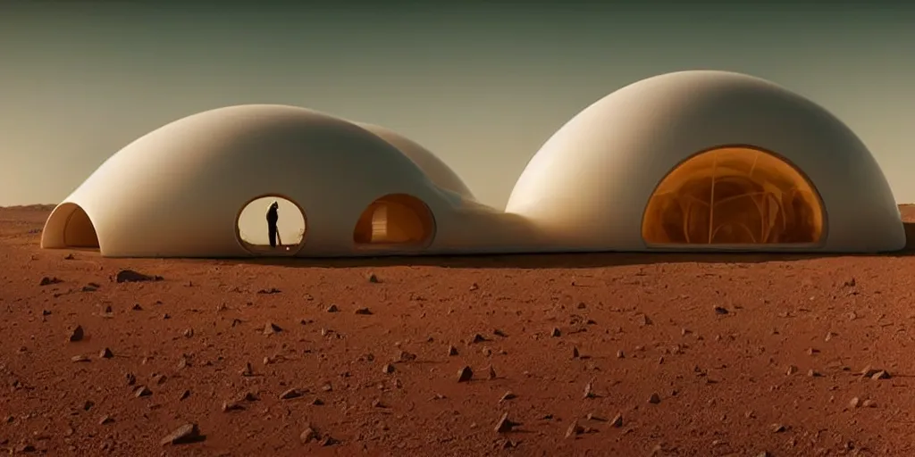 Image similar to a strange huge transparent pvc inflated organic architecture building white by jonathan de pas sits in the planet mars landscape, golden hour, film still from the movie directed by denis villeneuve with art direction by zdzisław beksinski, close up, telephoto lens, shallow depth of field