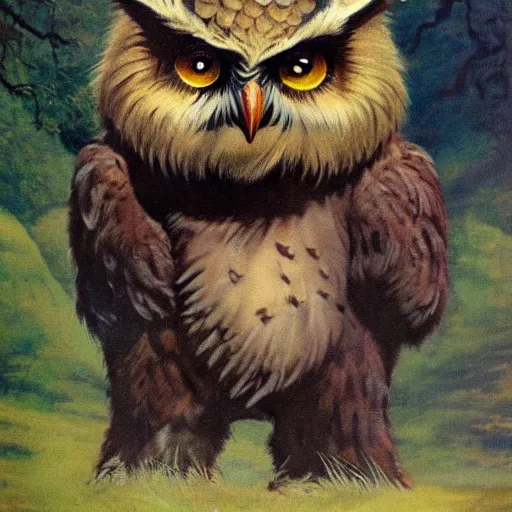 Image similar to three quarter portrait of an owlbear in the forest, d & d, fantasy, frank frazetta,