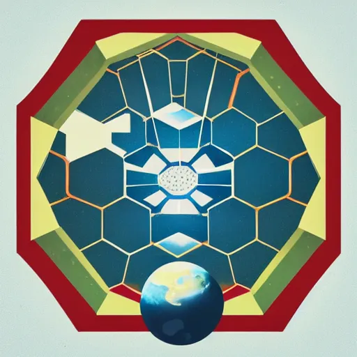 Image similar to hexagon blocking the sun, planet earth below, trending on art station, art deco, retro futurism, realistic, perspective