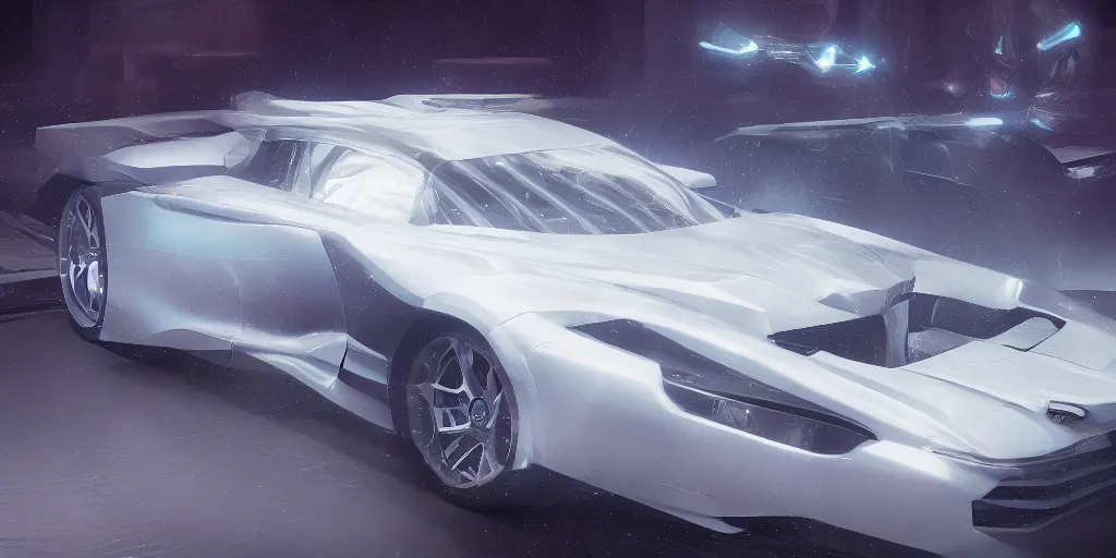 Image similar to full view of a car, painted in white holographic pearlescent, elegant, digital painting, concept art, smooth, sharp focus, art style from Wang Ke and Greg Rutkowski and Bruce Kaiser and Scott Robertson and Dmitry Mazurkevich and Doruk Erdem and Jon Sibal, small style cue from Blade Runner