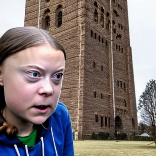 Prompt: photo of greta thunberg being chased by man with short brown curly hair at the top of a very tall tower