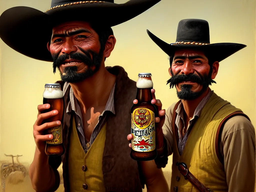 Image similar to juan caloto beer illustration of a mexican man,, with one small, dirt, wild west, with hat, drinking a beer at train station, fantasy, intricate, elegant, highly detailed, digital painting, artstation, concept art, matte, sharp focus, art by aenaluck and roberto ferri and greg rutkowski, epic, missing teeth [