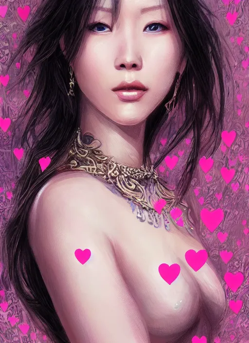 Prompt: a portrait of Boa Hancock as a real beautiful woman, pink hearts in the background , romantic themed, beautiful face, intricate, highly detailed, digital painting, artstation, concept art, smooth, sharp focus, illustration, art by Noriyoshi Ohrai