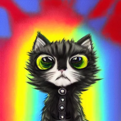 Image similar to wide angle full body, of a fluffy cute rainbow kitten wearing a black motorcycle jacket, concept art