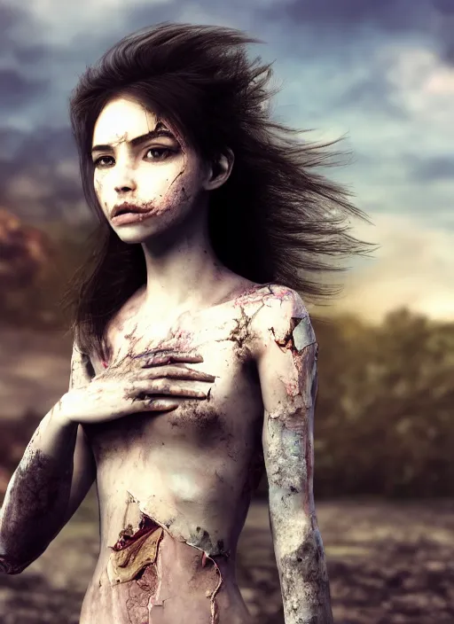 Image similar to a beautiful detailed beautiful young girl with cracks in her skin with a painted decaying world in the background, realistic, f 8, 4 k hd wallpaper