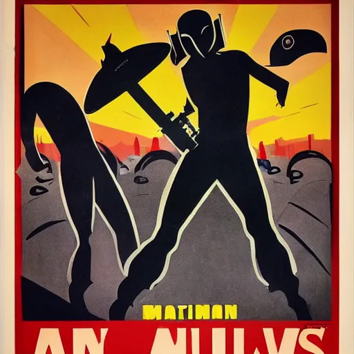 Prompt: a 1930s propaganda poster of an alien war