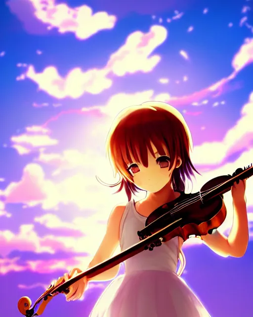 Prompt: anime style, chibi, full body, a cute girl with white skin and golden long wavy hair holding a violin and playing a song, heavenly, stunning, realistic light and shadow effects, modern art, realism, centered, landscape shot, happy, simple background, studio ghibly makoto shinkai yuji yamaguchi