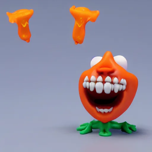 Image similar to single crazy melting plastic toy Pop Figure characterdesign product, C4d, by pixar, by dreamworks, screaming with drooling mouth open, in a Studio hollow, surrounded by flying particles