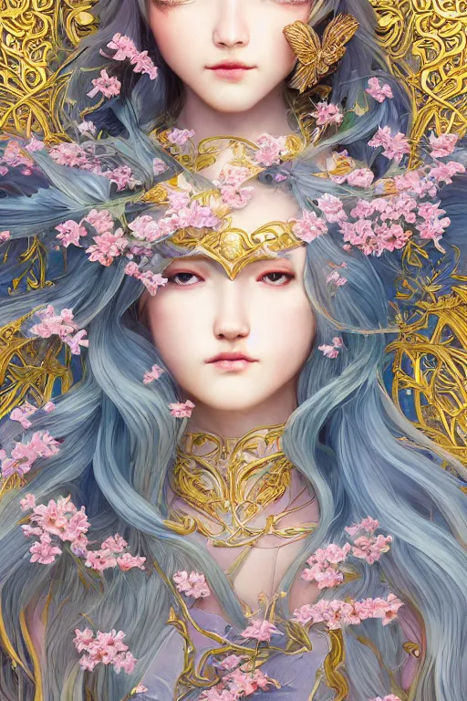 Prompt: breathtaking detailed soft painting of a full shot knight queen with long flowing blue hair, pastel flowers petals and golden ribbons flying, art by pilyeon and yuumei art, symmetrical facial features, at dawn in front of a pristine golden art nouveau cathedral, elegant, volumetric lighting, highly detailed, artstation, concept art, matte, sharp focus,