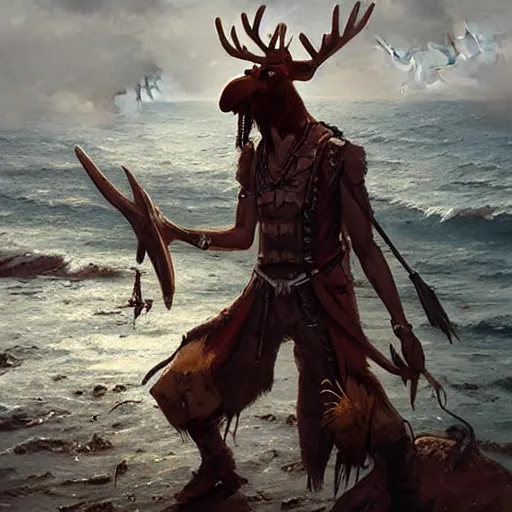 Prompt: anthropomorphic moose pirate humanoid by greg rutkowski, pirate ship, sea, fantasy