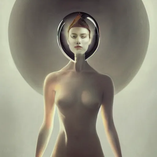 Prompt: By Tom Bagshaw, ultra realist soft painting render of a centered floating transparent glass sphere, reflection and refraction, symmetry accurate features, very intricate details, deep fog, beautiful horned female in long curvy dress background, artstation