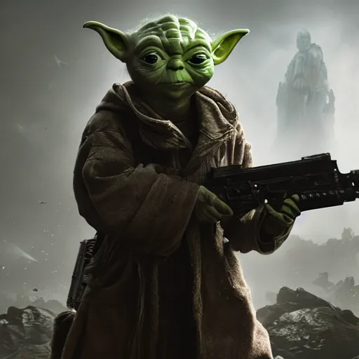 Image similar to Yoda in gears of war, splash art, movie still, detailed face, cinematic lighting, dramatic, octane render, long lens, shallow depth of field, bokeh, anamorphic lens flare, 8k, hyper detailed, 35mm film grain