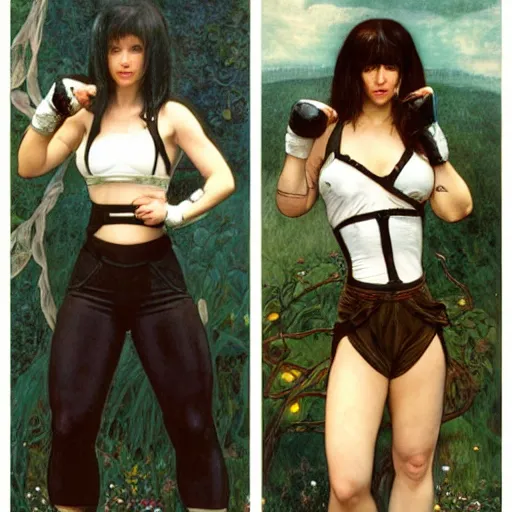 Image similar to Portrait of Tifa Lockheart with long dark brown hair and a white short top and black suspenders and kickboxing gloves drawn by Donato Giancola and Tom Bagshaw, face by Artgerm, overall design by Alphonse Mucha, background by James Jean and Gustav Klimt, light by Julie Bell, 4k, porcelain skin, komorebi, french nouveau, trending on artstation, octane render, hyperrealistic