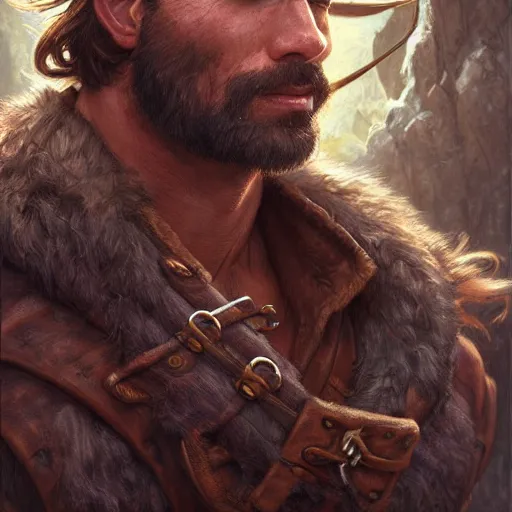 Image similar to portrait of a young, ruggedly handsome ranger, muscular, half body, leather, hairy, d & d, fantasy, intricate, elegant, highly detailed, digital painting, artstation, concept art, smooth, sharp focus, illustration, art by artgerm and greg rutkowski and alphonse mucha